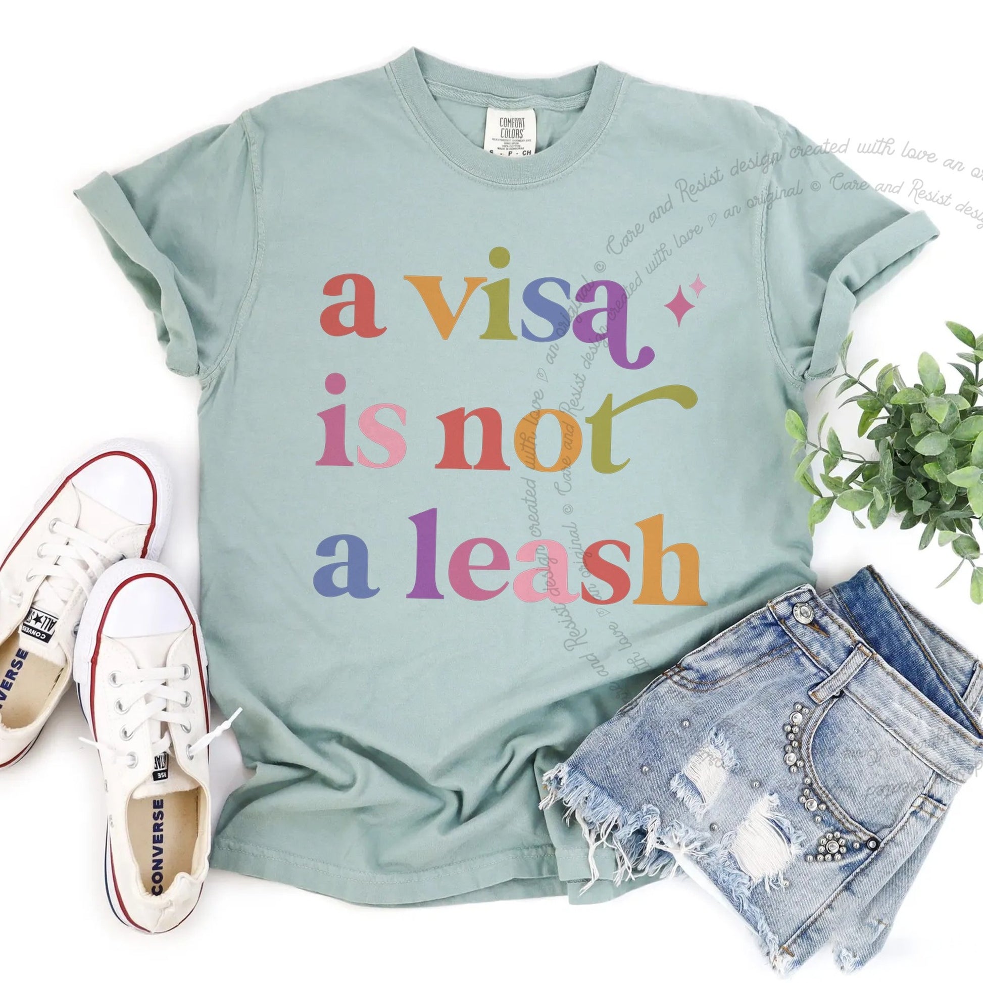 A Visa is not a Leash Care & Resist rainbow Comfort Colors tee, Bay