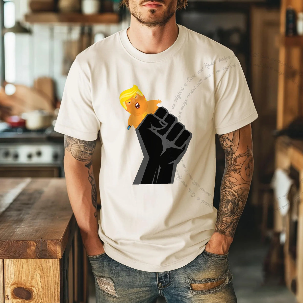 Resist Fist and Trump Blimp Care & Resist progressive t-shirt in Ivory