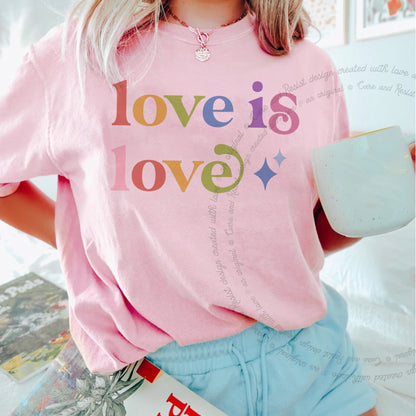 Love is Love Care & Resist rainbow Comfort Colors tee, Blossom