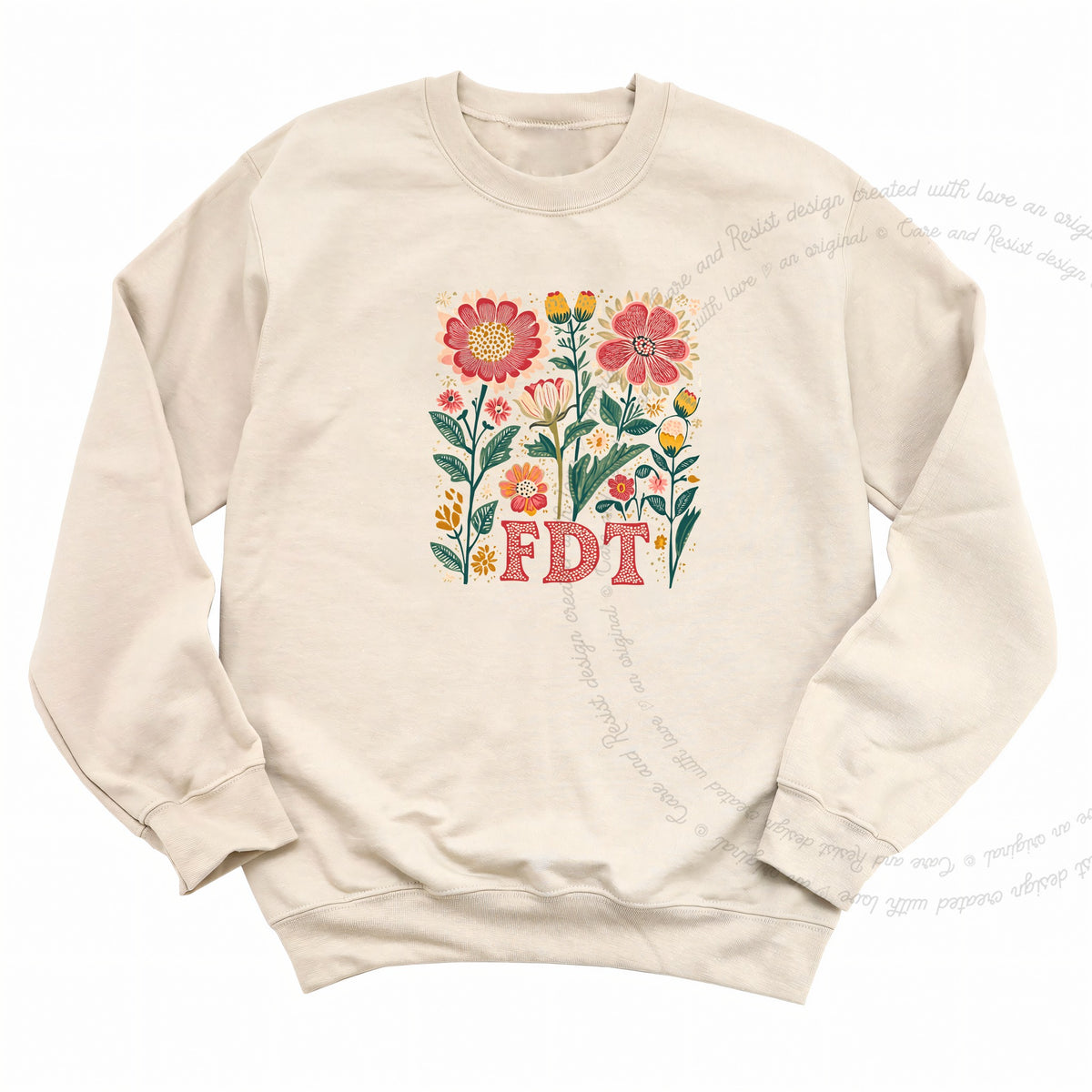 FDT Floral Care & Resist Gildan crewneck sweatshirt in Sand