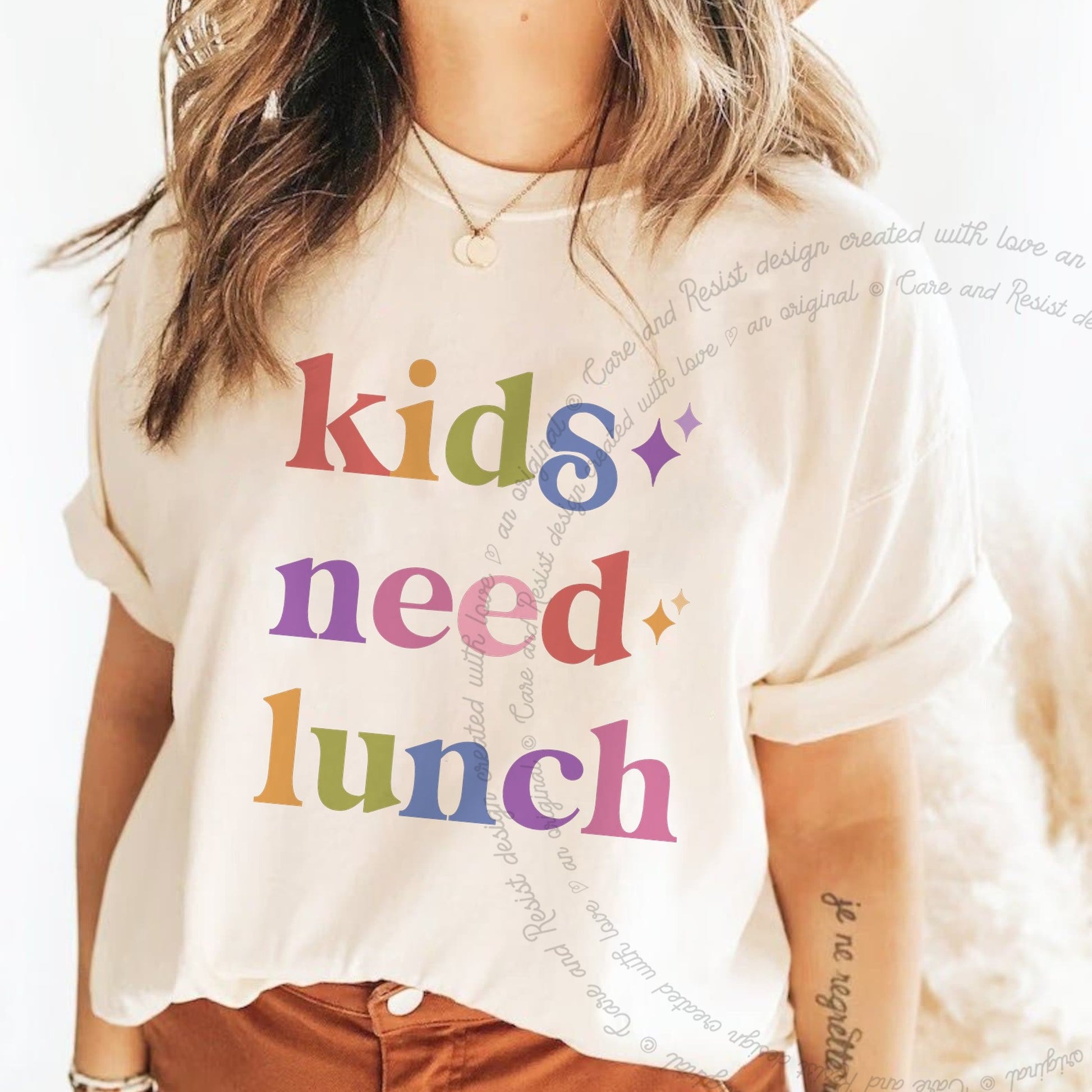 Kids Need Lunch Care & Resist rainbow Comfort Colors tee, Ivory