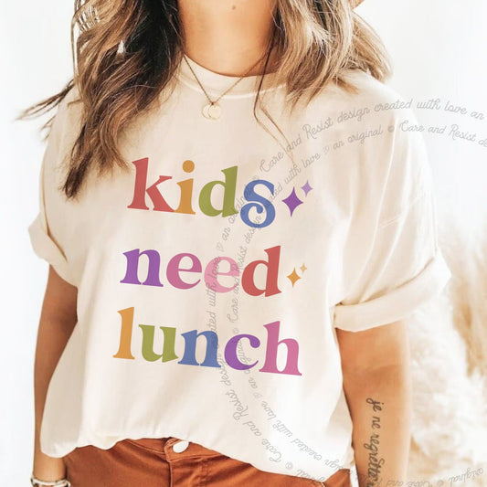 Kids Need Lunch Care & Resist rainbow Comfort Colors tee, Ivory