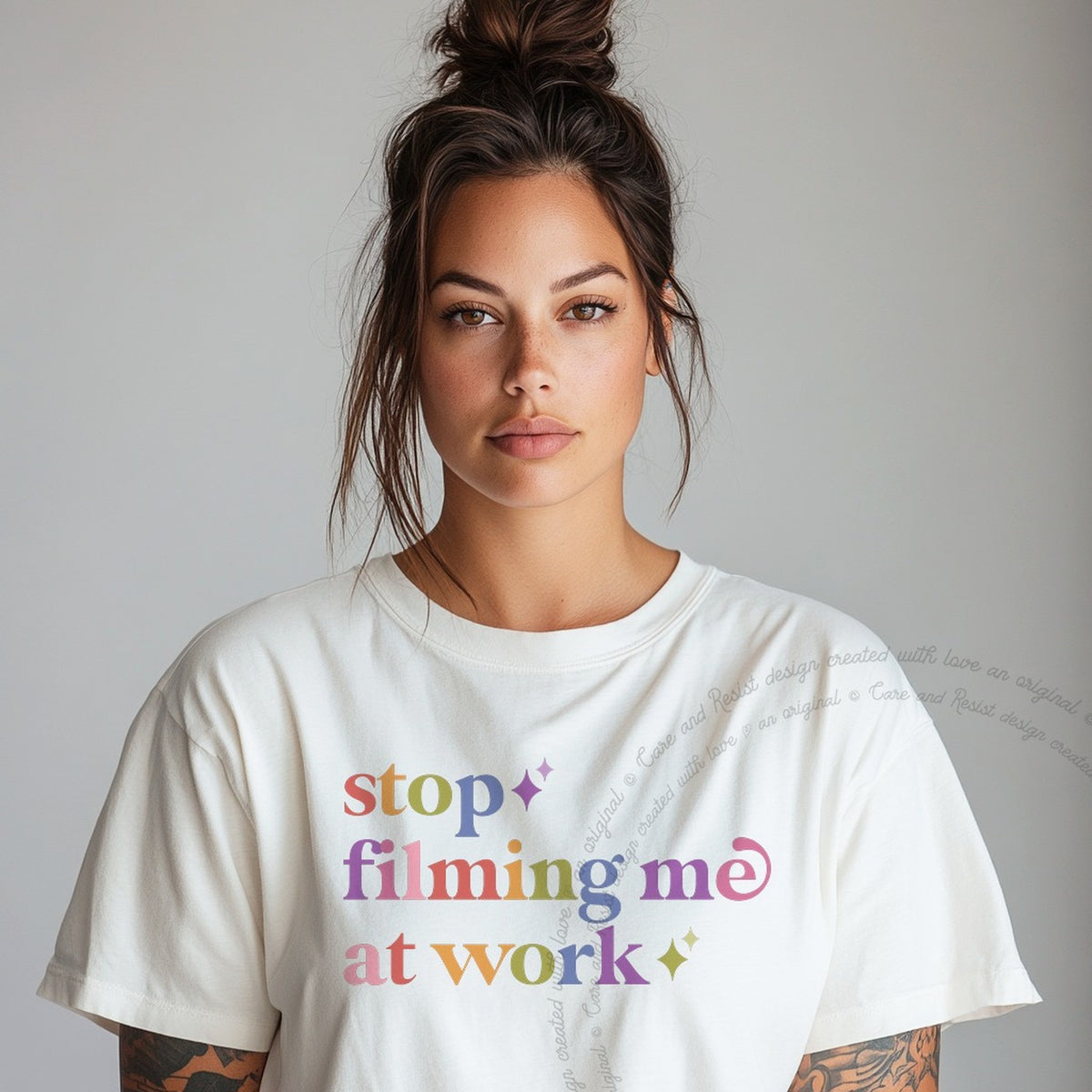 Stop Filming Me At Work Care & Resist tee in White