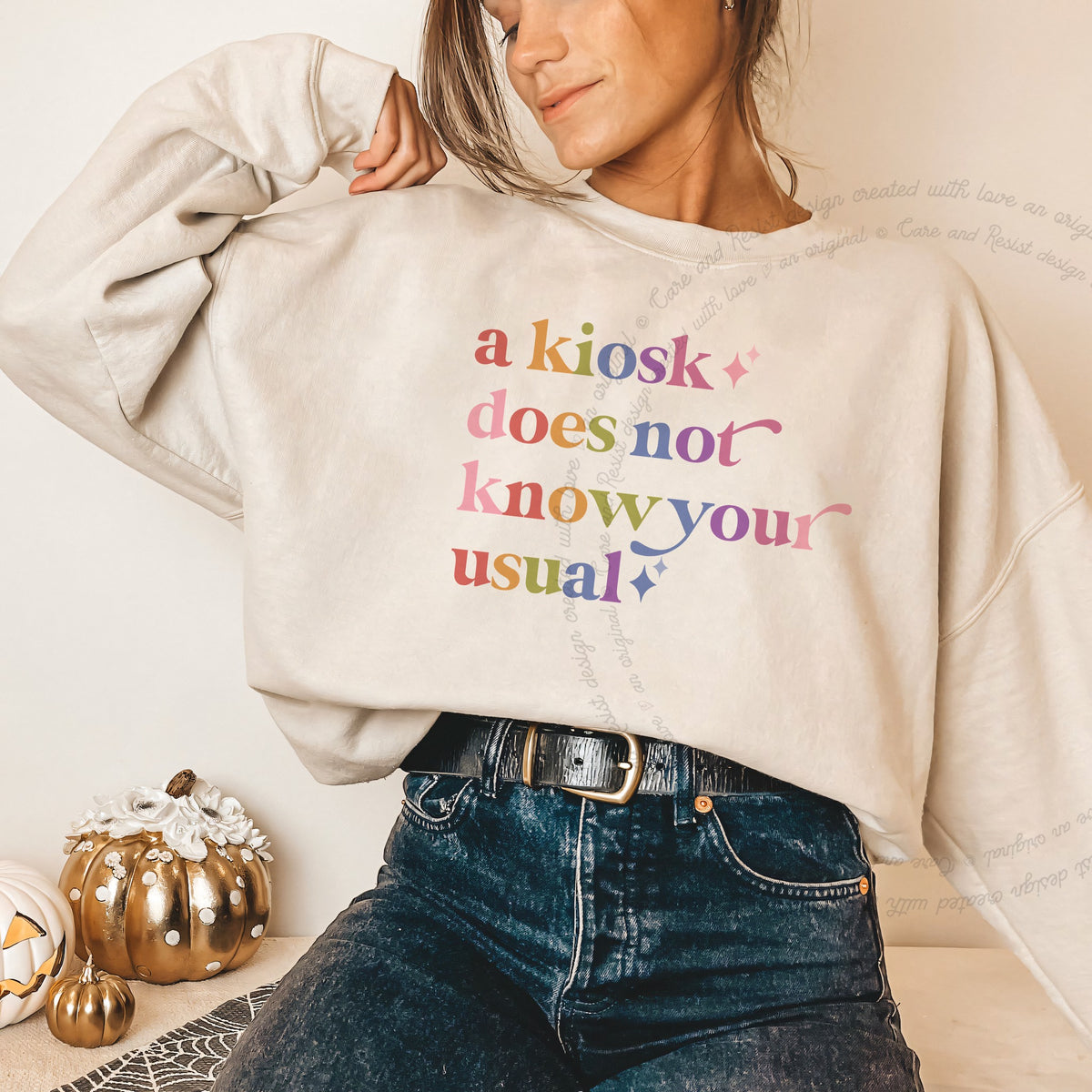 A Kiosk Does not Know Your Usual Care & Resist Gildan crewneck sweatshirt in Sand