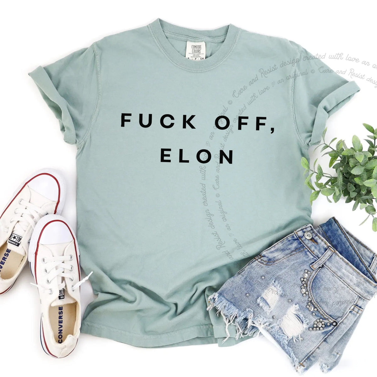 Fuck Off, Elon Care & Resist progressive t-shirt in Bay