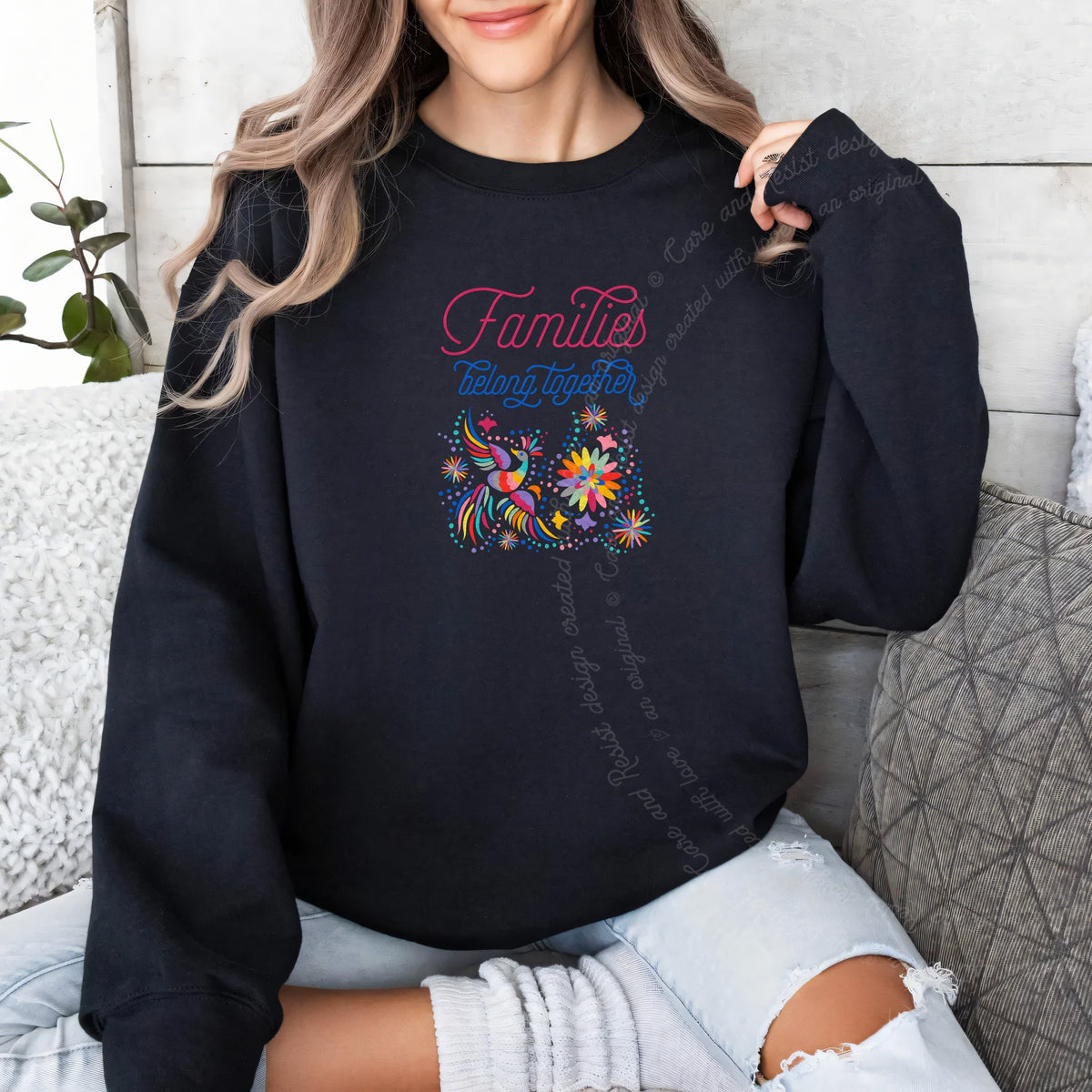 Families Belong Together Rainbow Care & Resist Gildan crewneck sweatshirt in Black