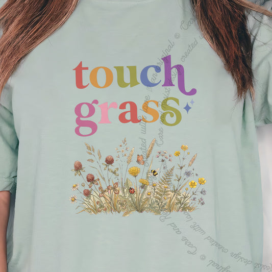 Touch Grass Care & Resist progressive t-shirt in Bay