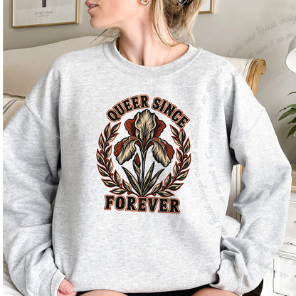 Queer Since Forever Iris Linocut Care & Resist Gildan crewneck sweatshirt in Sport Grey