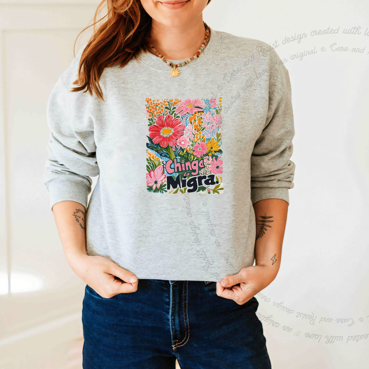 Chinga La Migra Care & Resist Gildan crewneck sweatshirt in Sport Grey