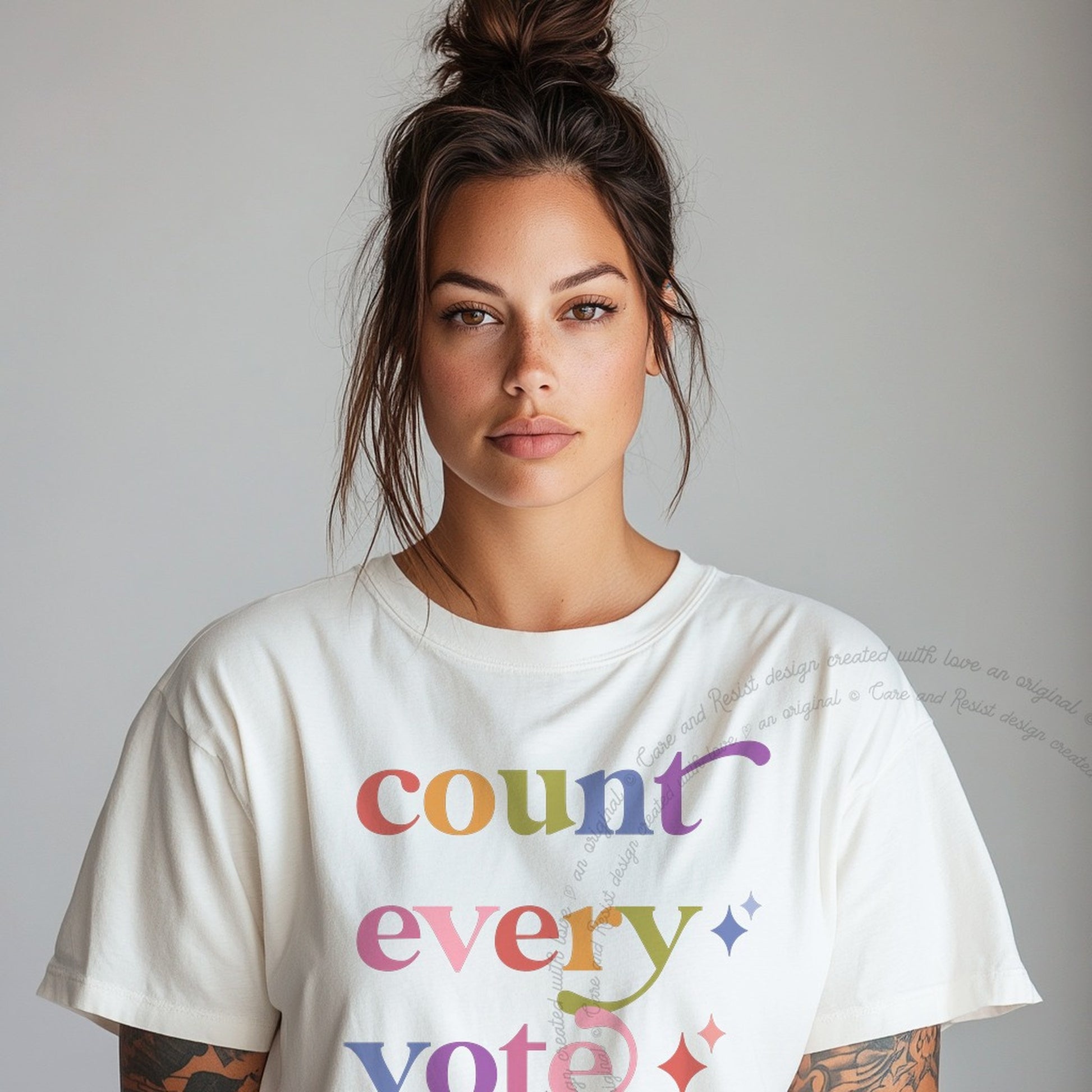 Count Every Vote Care & Resist rainbow Comfort Colors tee, White