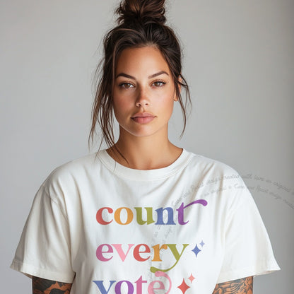 Count Every Vote Care & Resist rainbow Comfort Colors tee, White