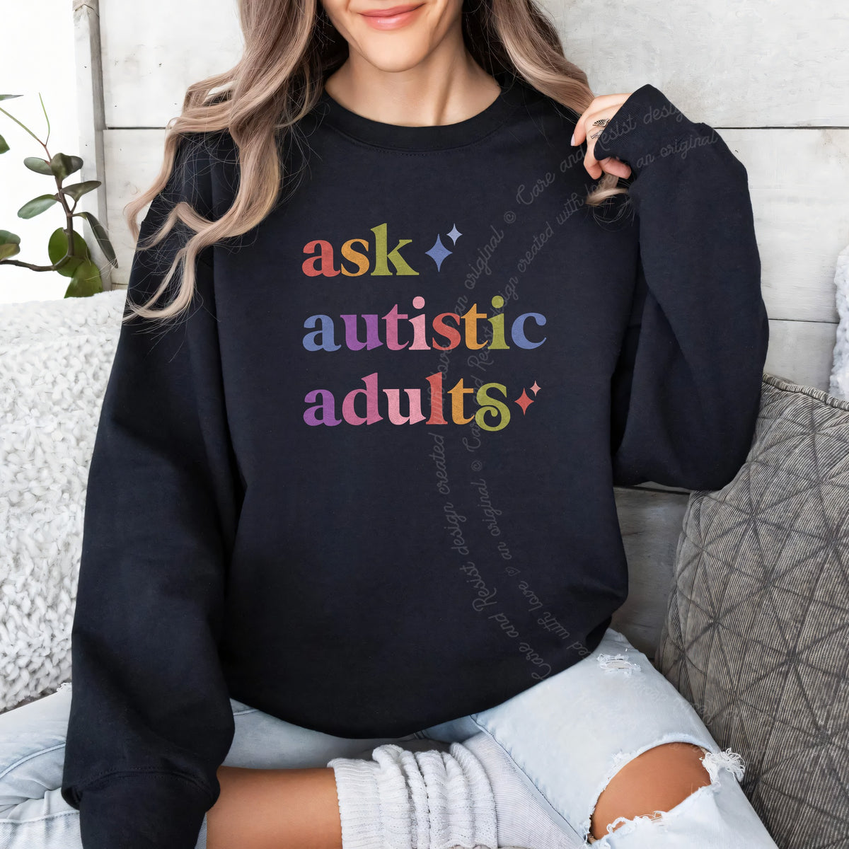 Ask Autistic Adults Care & Resist Gildan crewneck sweatshirt in Black