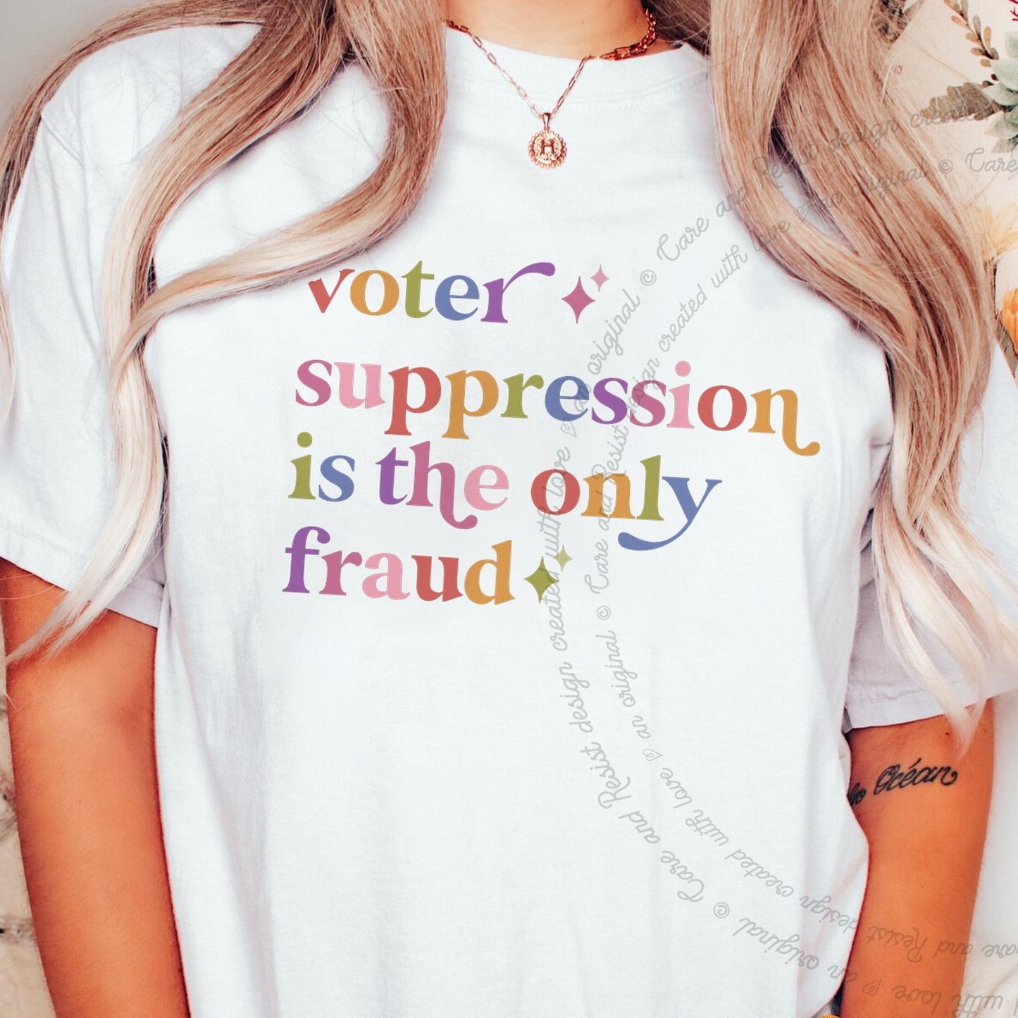 Voter Suppression is the Only Fraud Care & Resist rainbow Comfort Colors tee, White