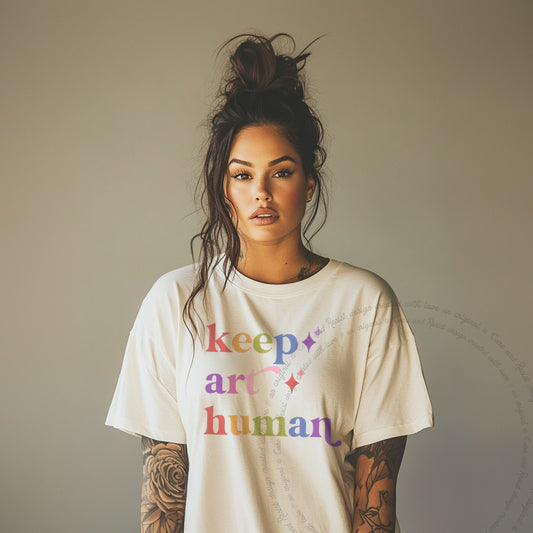 Keep Art Human Care & Resist rainbow Comfort Colors tee, Ivory