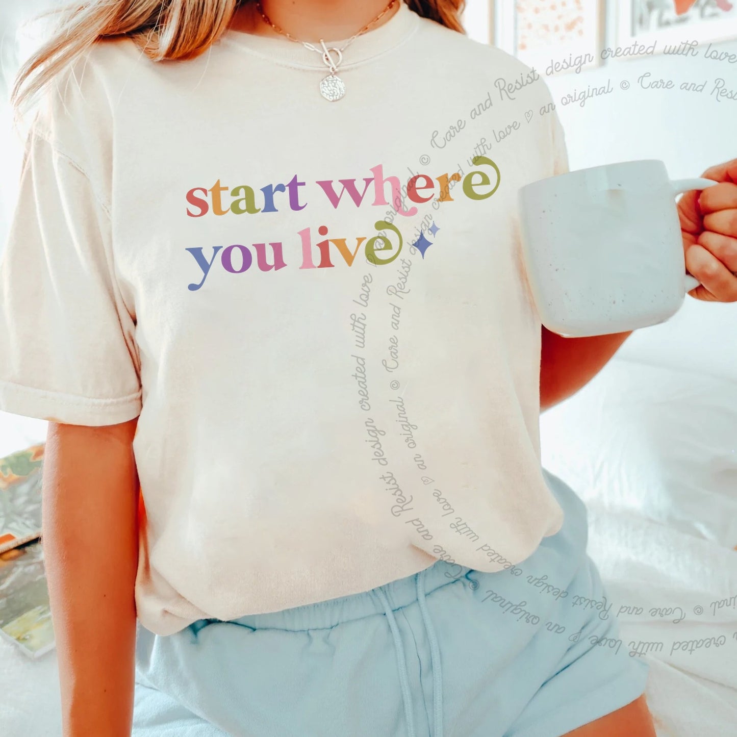 Start Where You Live Care & Resist rainbow Comfort Colors tee, Ivory