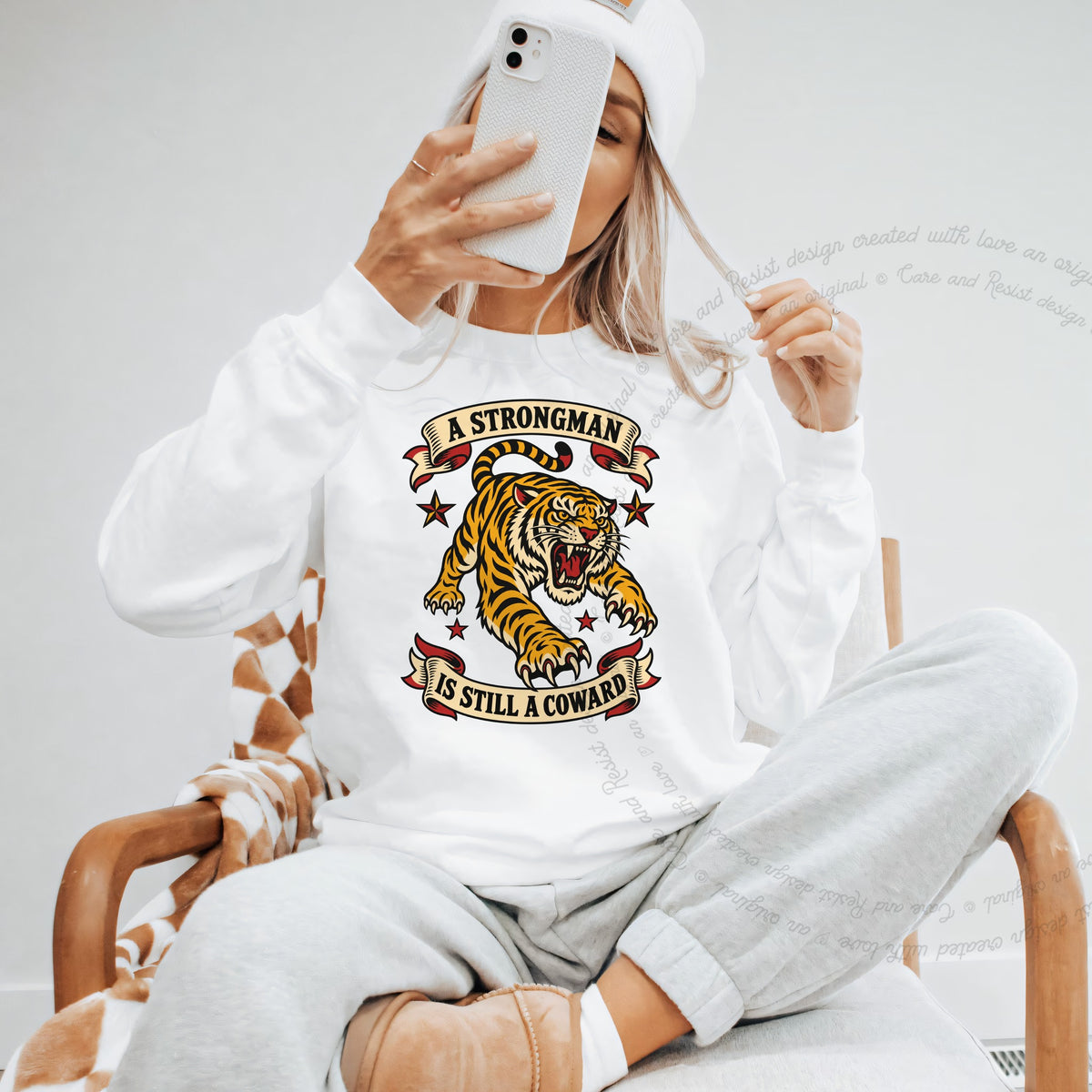 A Strongman is Still a Coward Tiger Care & Resist Gildan crewneck sweatshirt in White