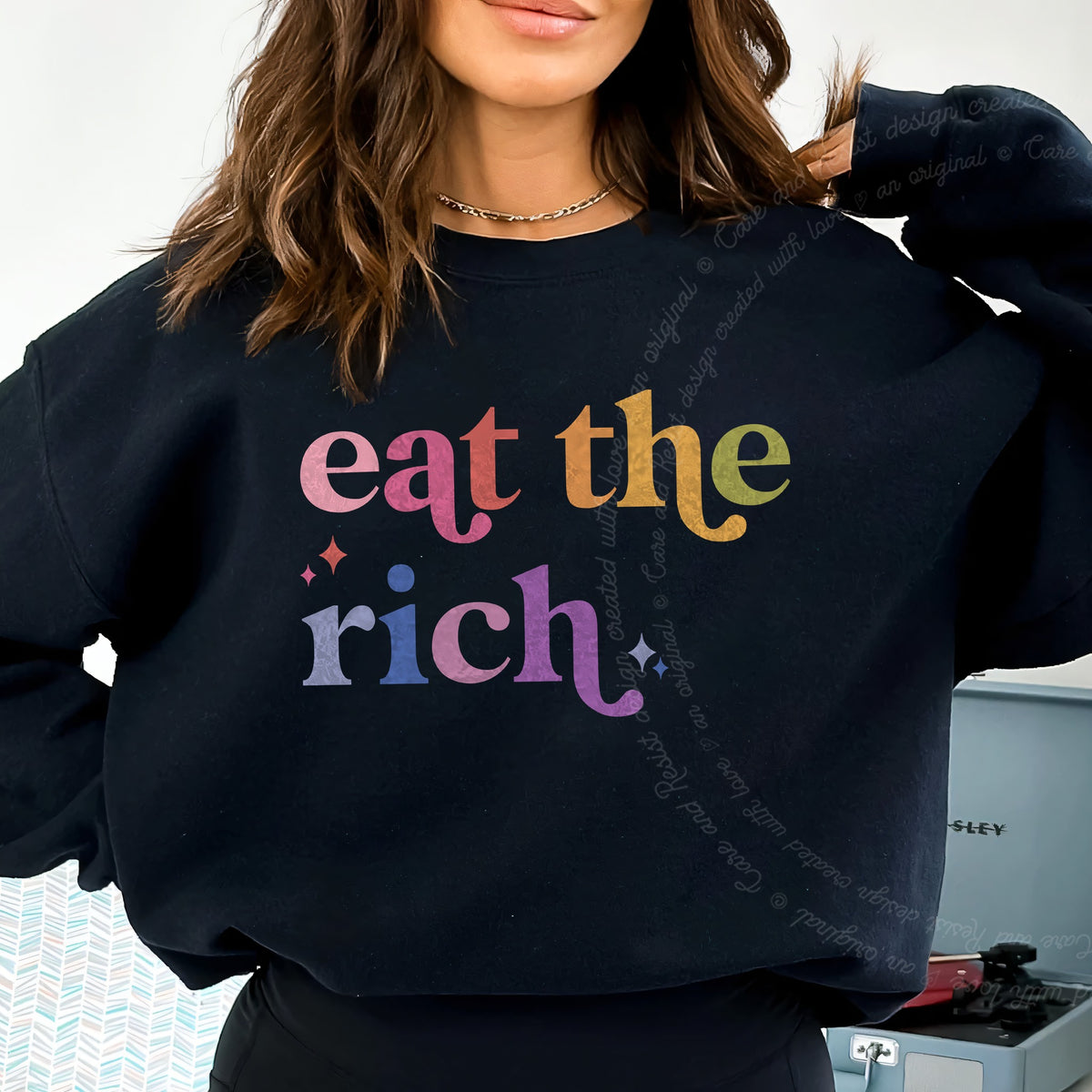 Eat the Rich Care & Resist Gildan crewneck sweatshirt in Black