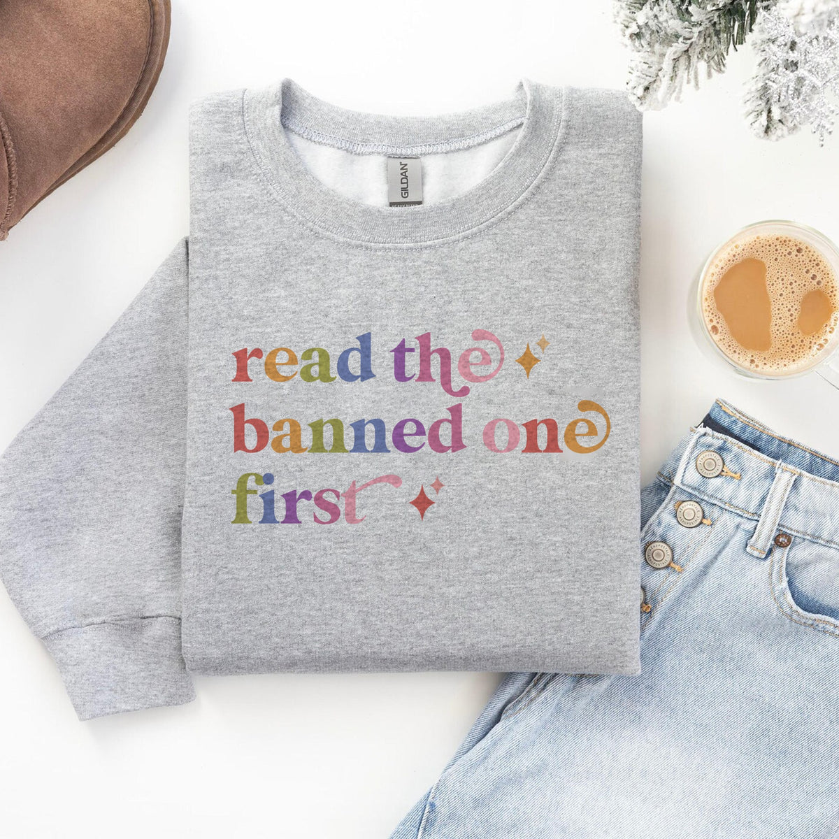 Read the Banned One First Care & Resist Gildan crewneck sweatshirt in Sport Grey