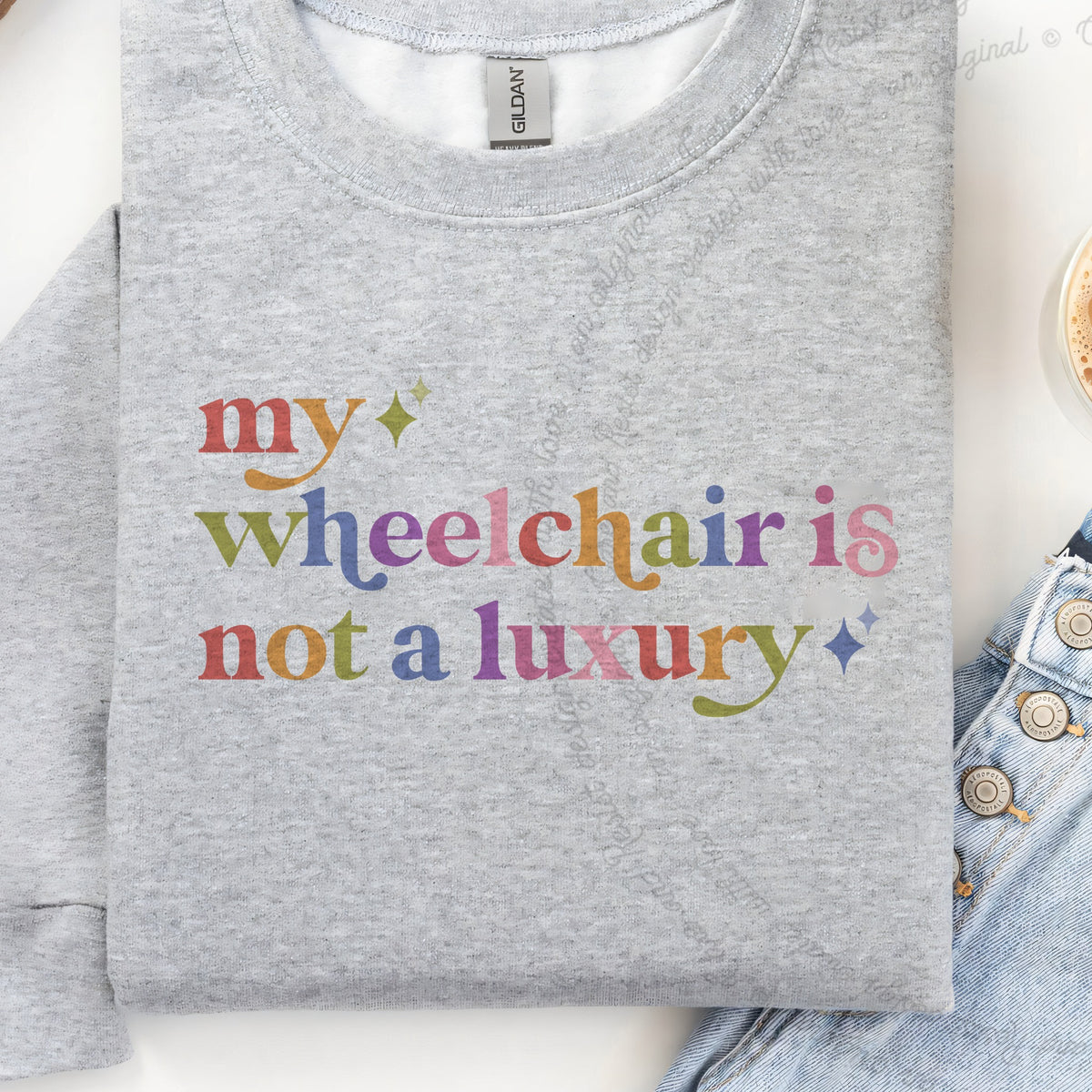 My Wheelchair is not a Luxury Care & Resist Gildan crewneck sweatshirt in Sport Grey