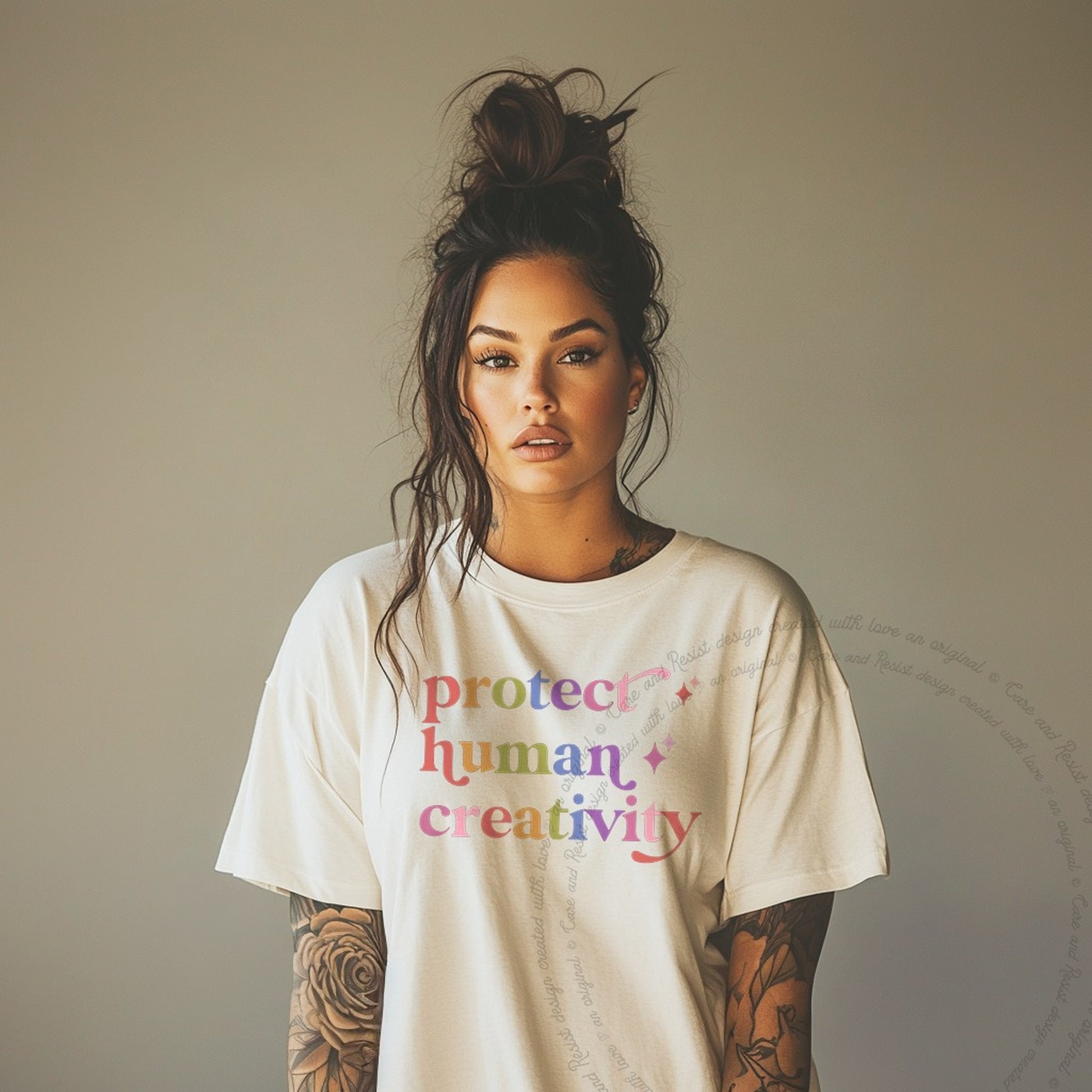 Protect Human Creativity Care & Resist rainbow Comfort Colors tee, Ivory