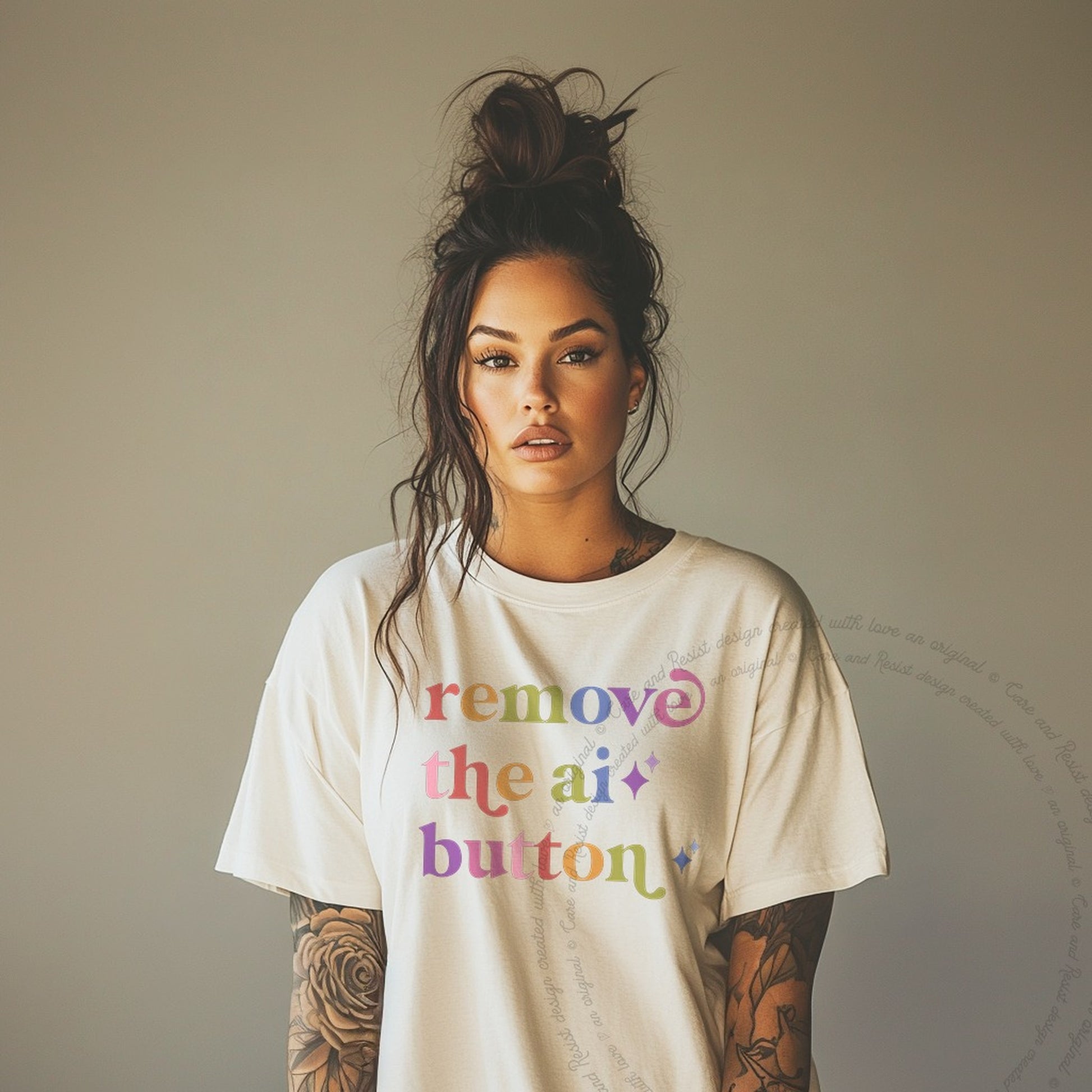 Remove the Ai Button Care & Resist rainbow tee