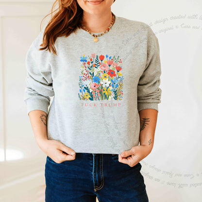 Fuck Trump Floral Care & Resist Gildan crewneck sweatshirt in Sport Grey