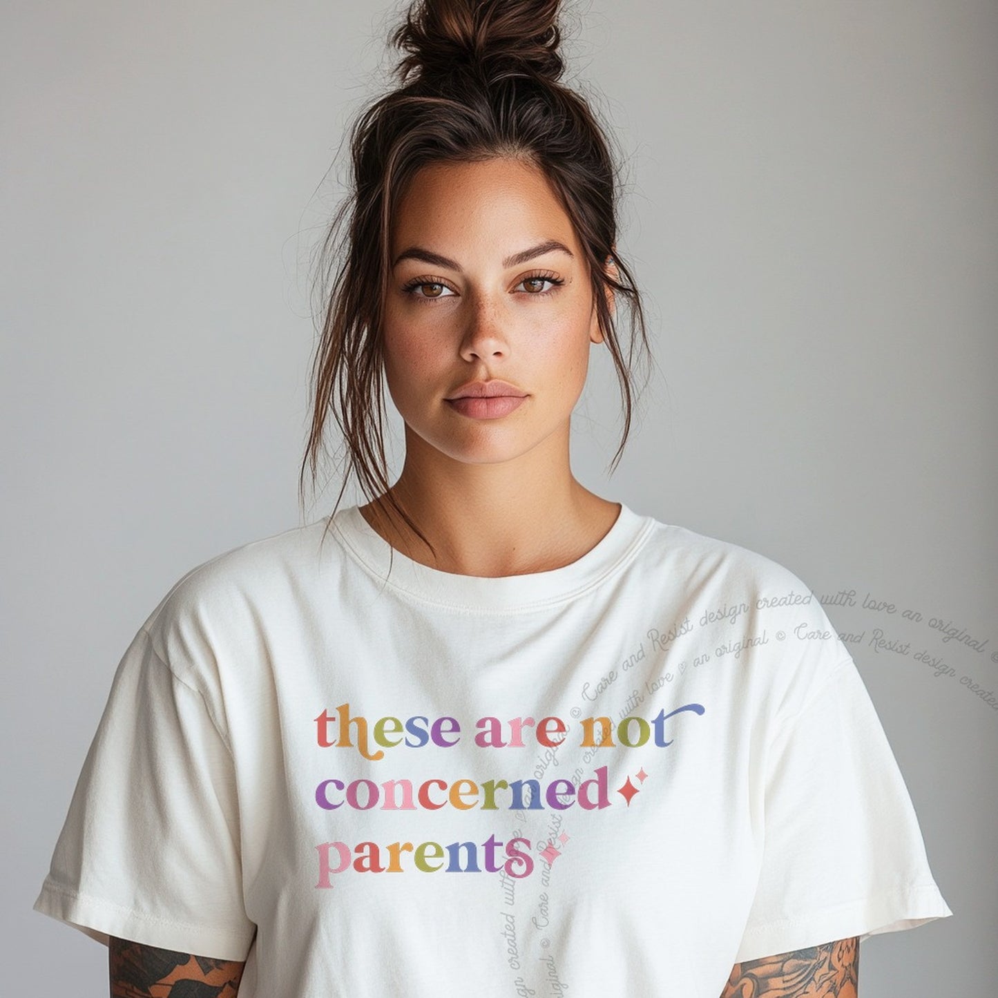 These are not Concerned Parents Care & Resist rainbow Comfort Colors tee, White