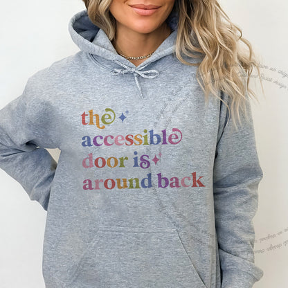 The Accessible Door is Around Back Care & Resist Gildan hoodie in Sport Grey