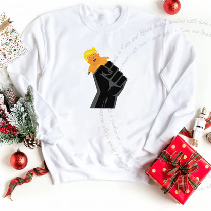 Resist Fist and Trump Blimp Care & Resist Gildan crewneck sweatshirt in White
