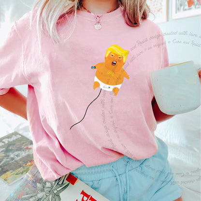Trump Baby Blimp Care & Resist progressive t-shirt in Blossom