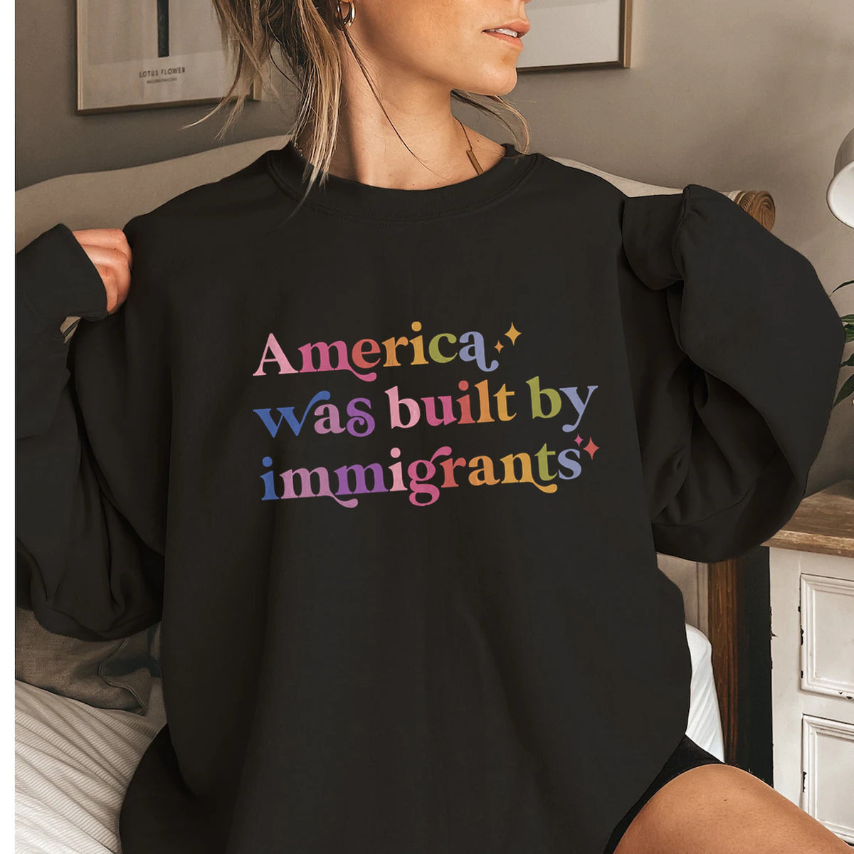 America Was Built By Immigrants Care & Resist Gildan crewneck sweatshirt in Black