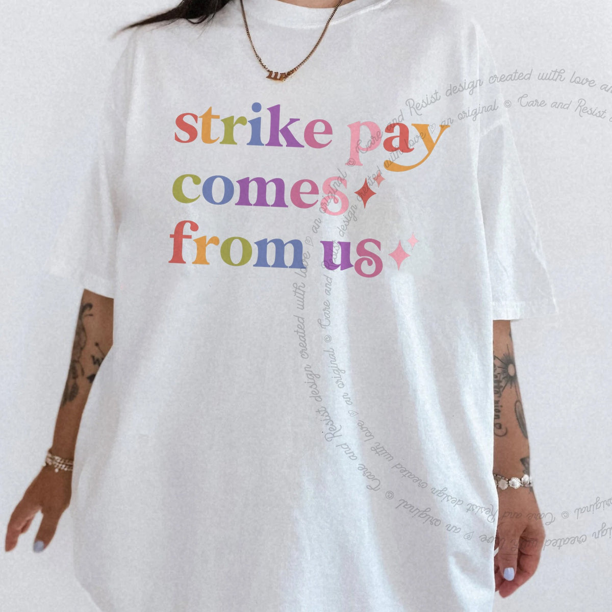 Strike Pay Comes From Us Care & Resist progressive t-shirt in White