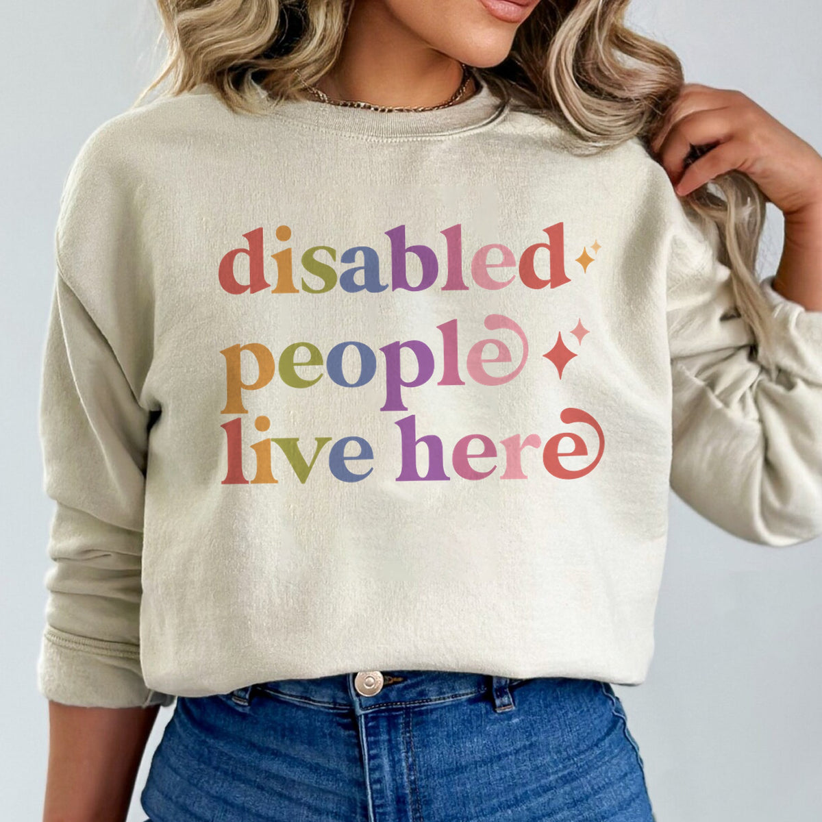 Disabled People Live Here Care & Resist Gildan crewneck sweatshirt in Sand