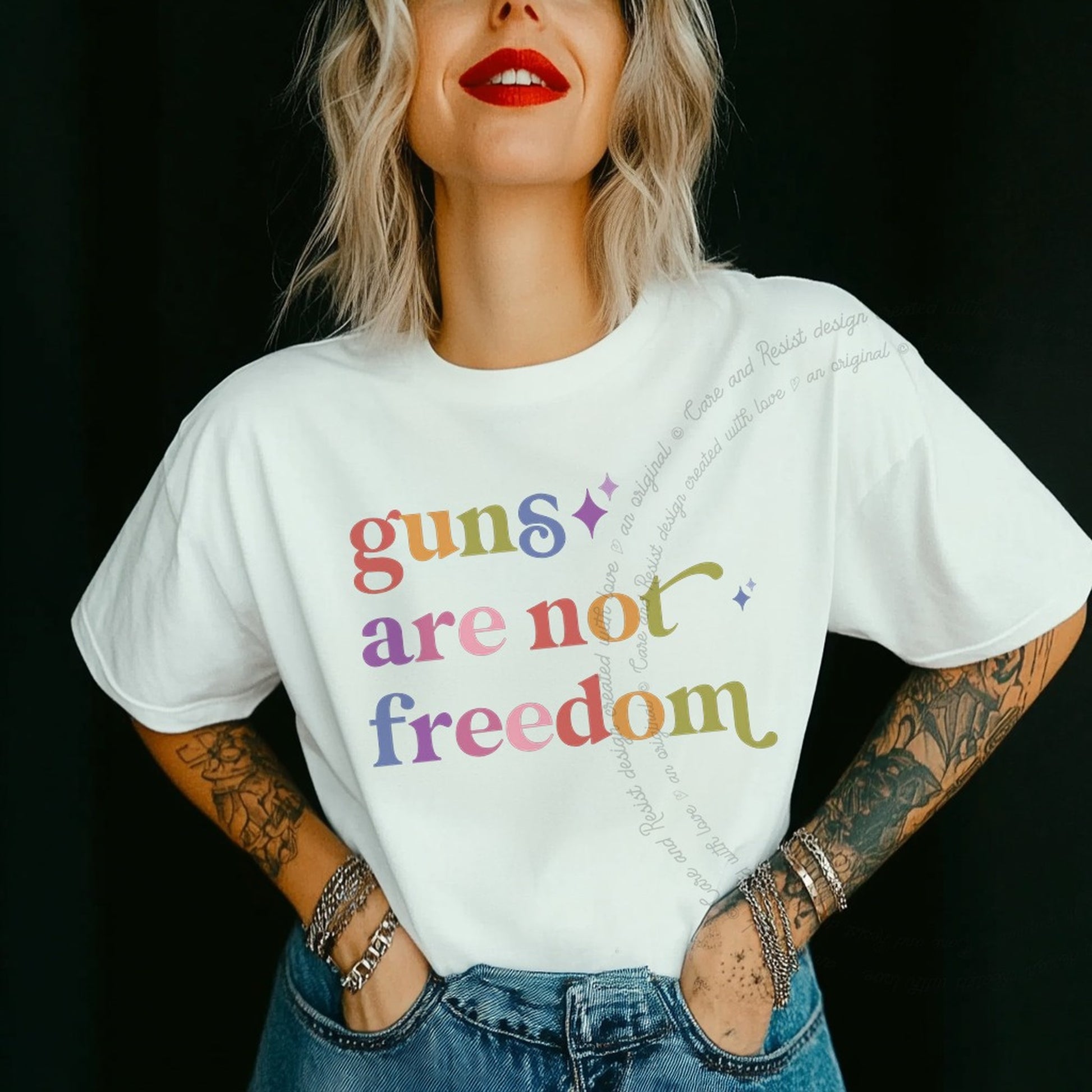 Guns are not Freedom Care & Resist rainbow Comfort Colors tee, White