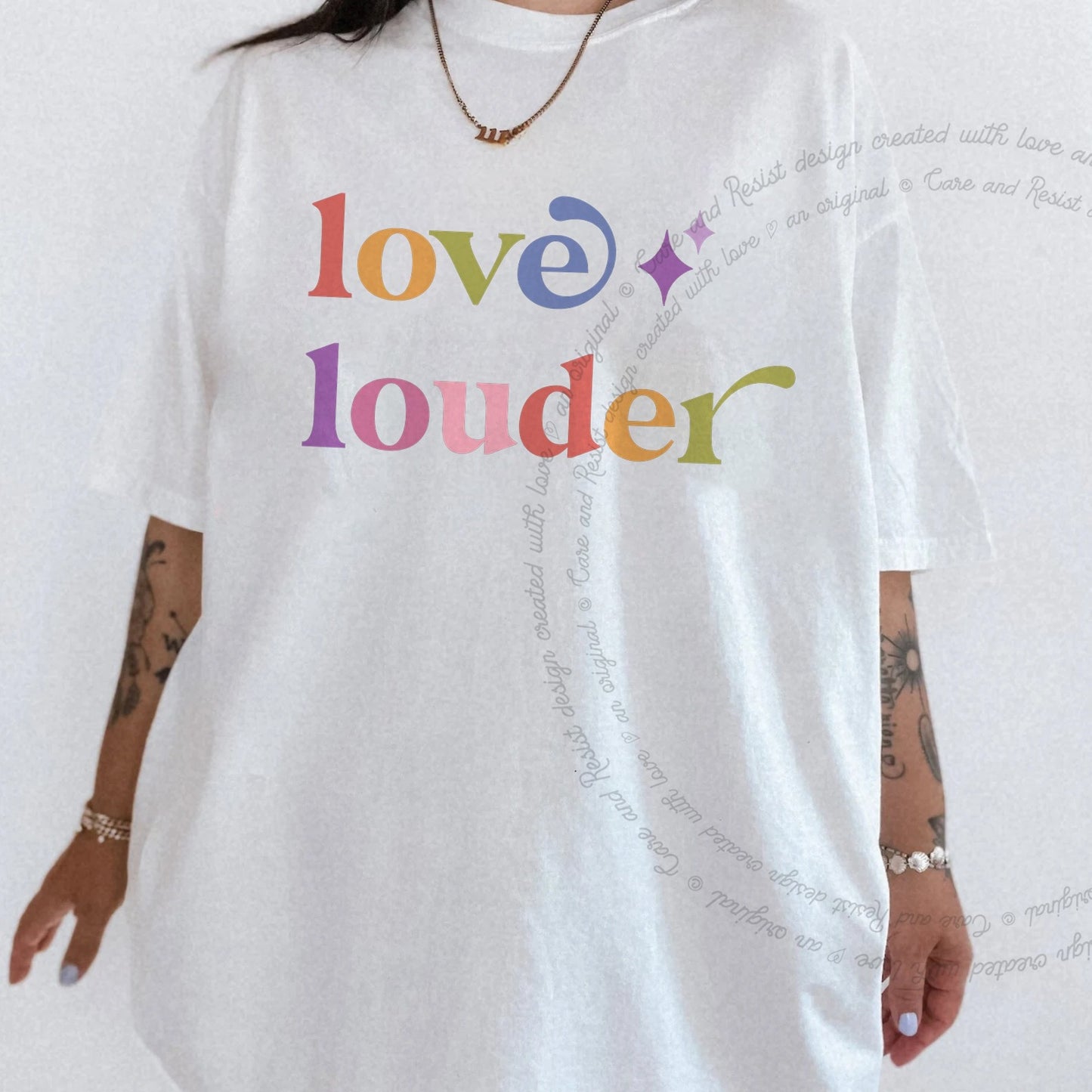 Love Louder Care & Resist rainbow Comfort Colors tee, White