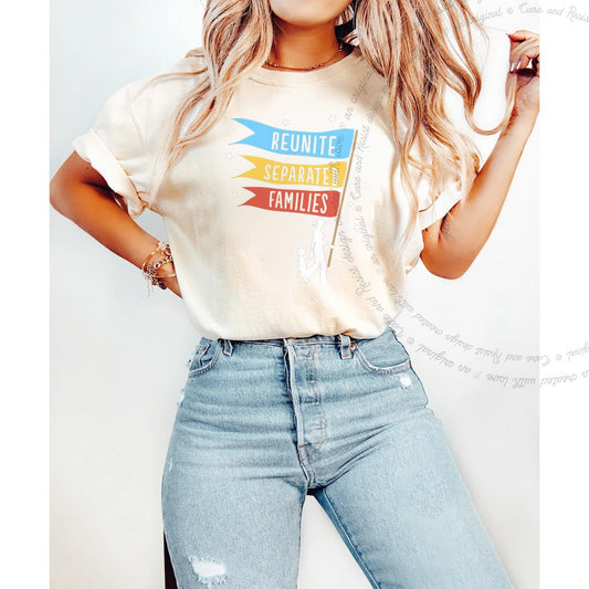 Reunite Separated Families Flags Care & Resist progressive t-shirt in Ivory