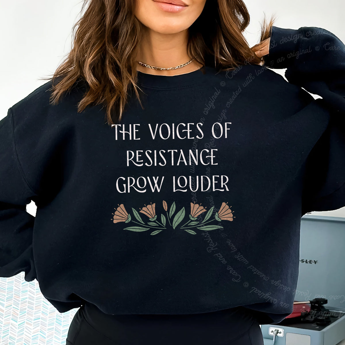 The Voices of Resistance Grow Louder Care & Resist Gildan crewneck sweatshirt in Black