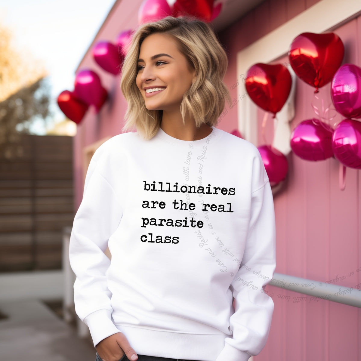 Billionaires Are the Real Parasite Class Care & Resist Gildan crewneck sweatshirt in White