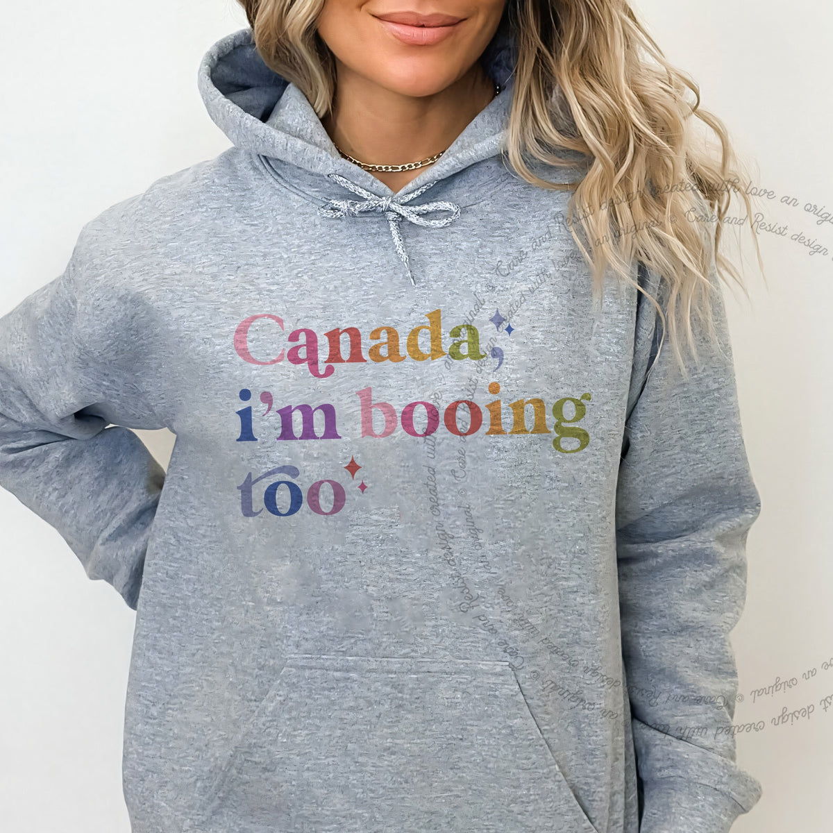 Canada, I'm Booing Too Care & Resist Gildan hoodie in Sport Grey