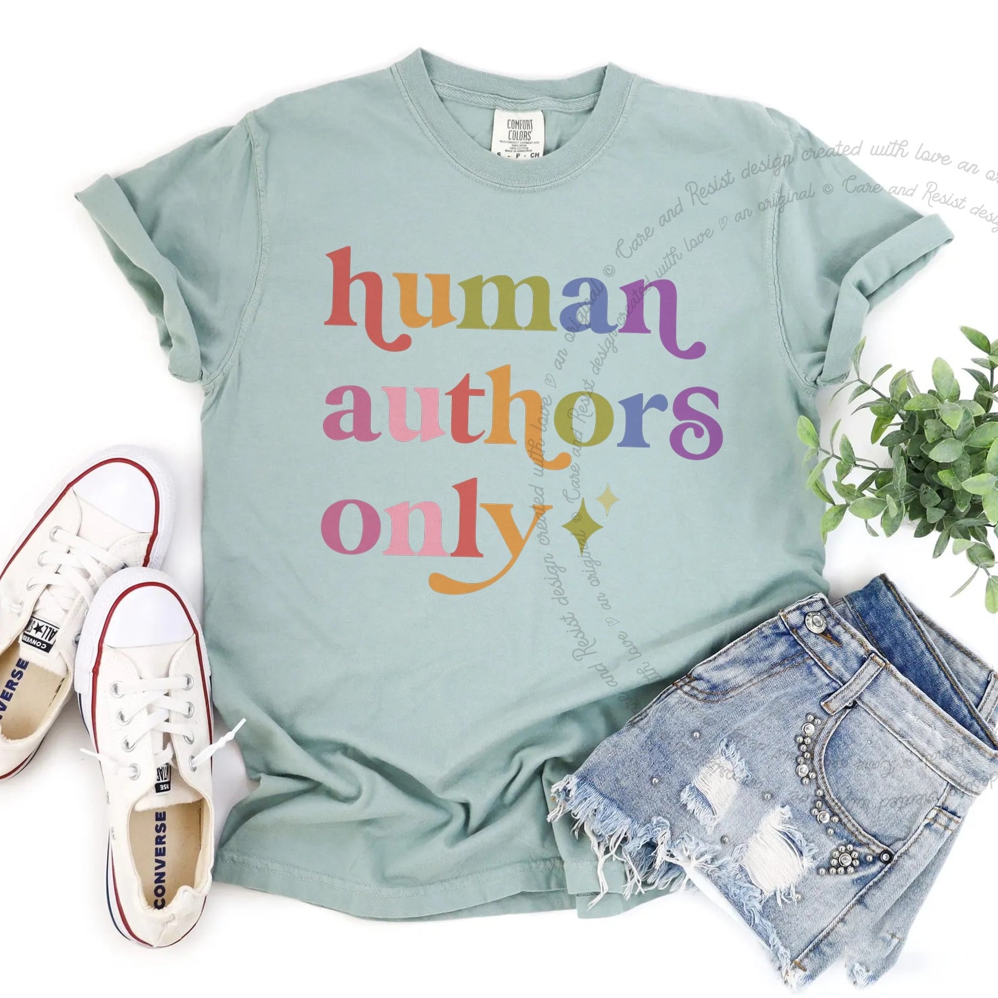 Human Authors Only Care & Resist rainbow tee