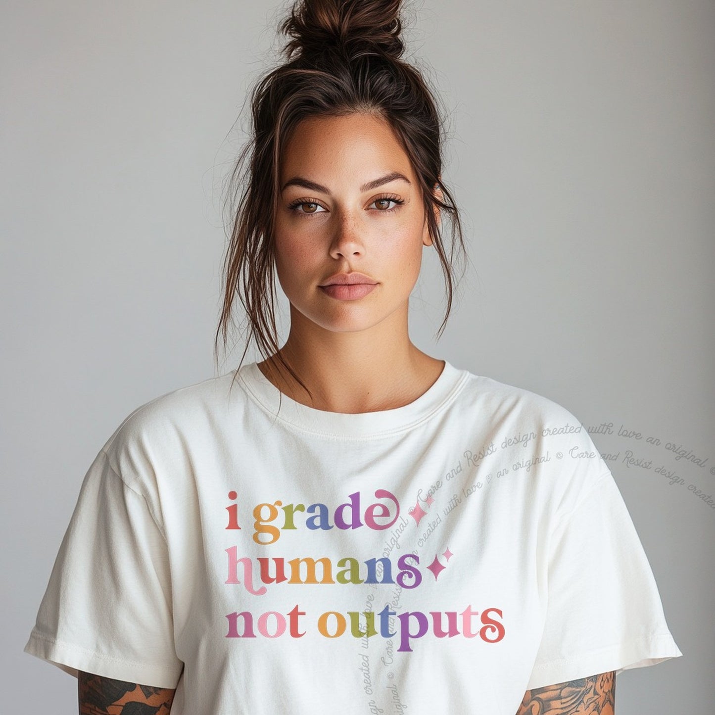 I Grade Humans not Outputs Care & Resist rainbow Comfort Colors tee, White