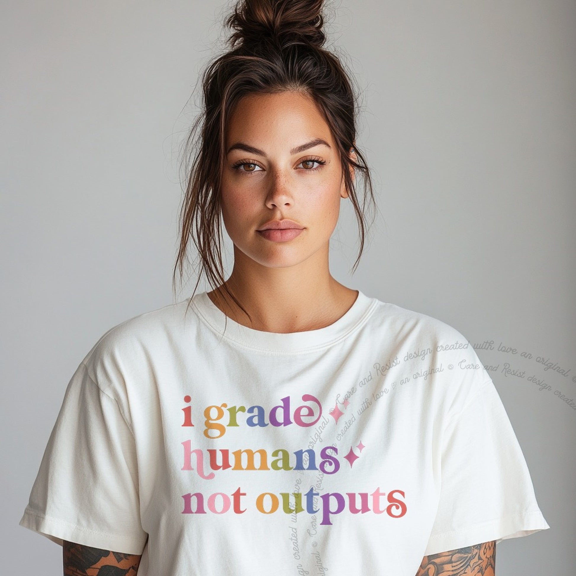 I Grade Humans not Outputs Care & Resist rainbow Comfort Colors tee, White