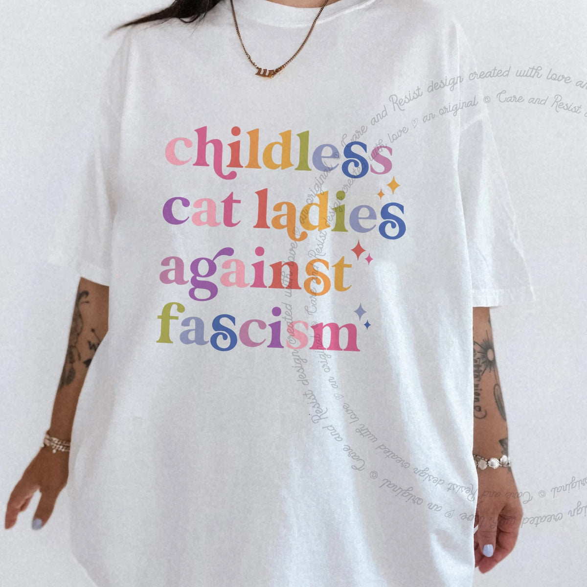 Childless Cat Ladies Against Fascism Care & Resist progressive t-shirt in White