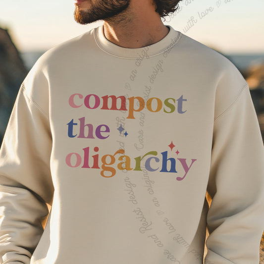Compost the Oligarchy Care & Resist Gildan crewneck sweatshirt in Sand