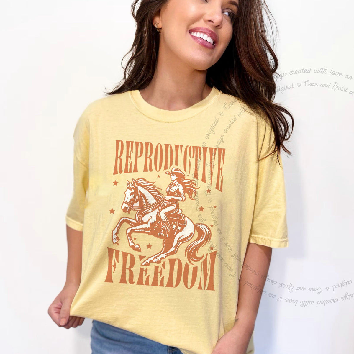Reproductive Freedom Care & Resist progressive t-shirt in Banana