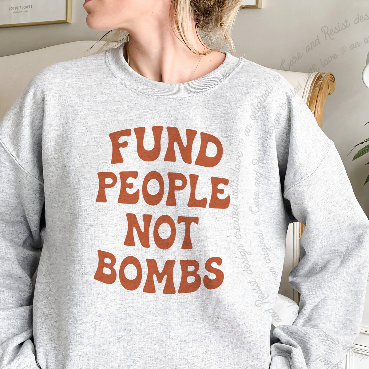 Fund People not Bombs Stacked Care & Resist Gildan crewneck sweatshirt in Sport Grey