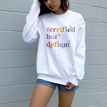 Terrified but Defiant Care & Resist Gildan crewneck sweatshirt in White