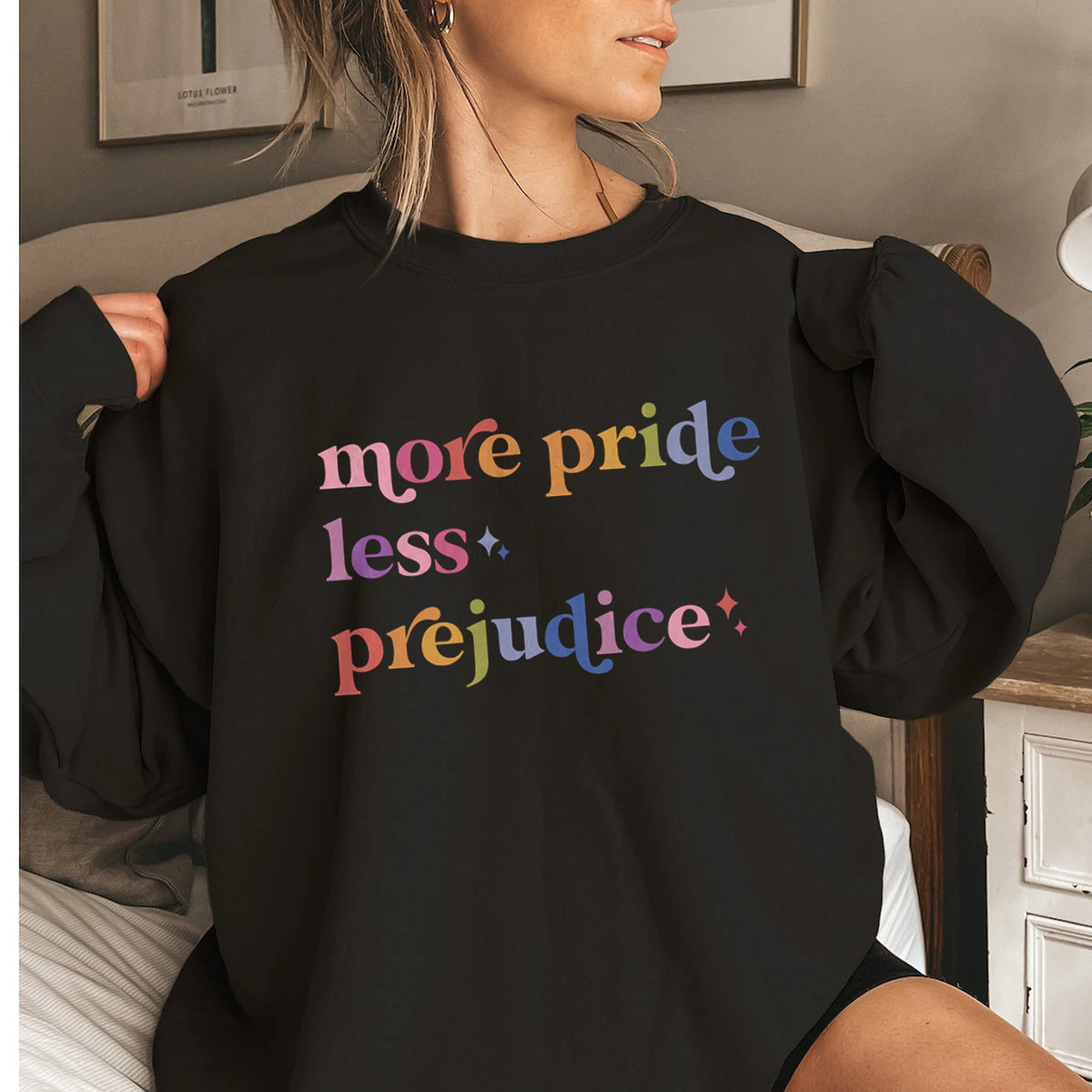 More Pride Less Prejudice Care & Resist Gildan crewneck sweatshirt in Black