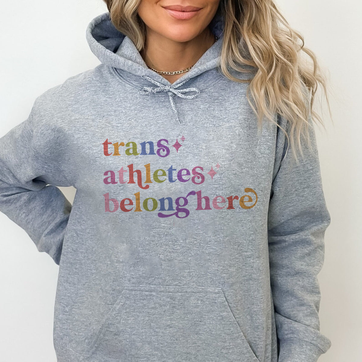 Trans Athletes Belong Here Care & Resist Gildan hoodie in Sport Grey