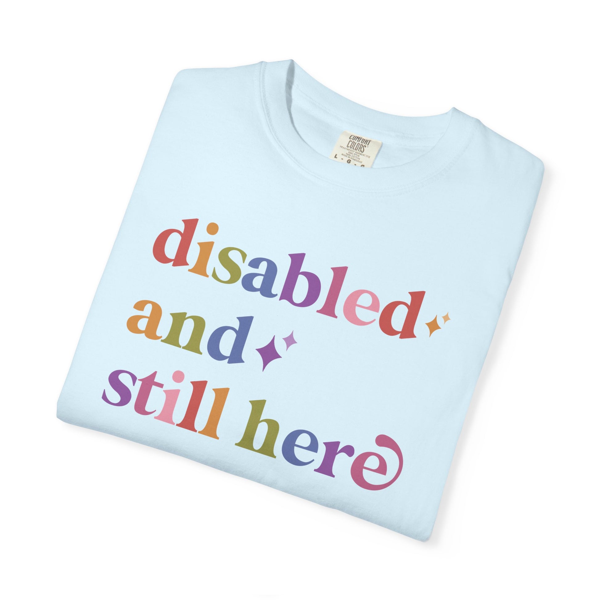 Disabled and Still Here Care & Resist rainbow Comfort Colors tee